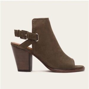 Frye Size 8 Dani Shield Suede Dark Taupe Open Toe Bootie Heel